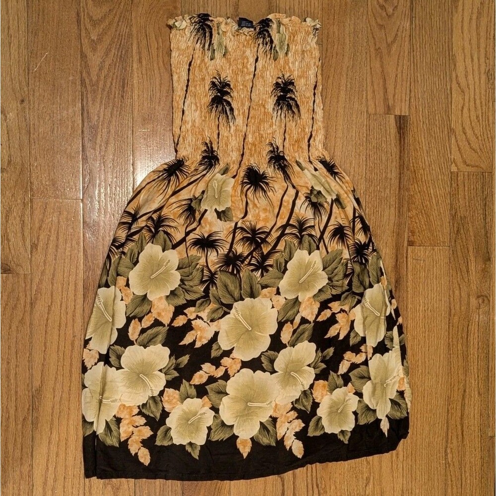 Hibiscus Hawaii Smocked One Size Dress Tropical Boho Resort Sundress Palm Tree